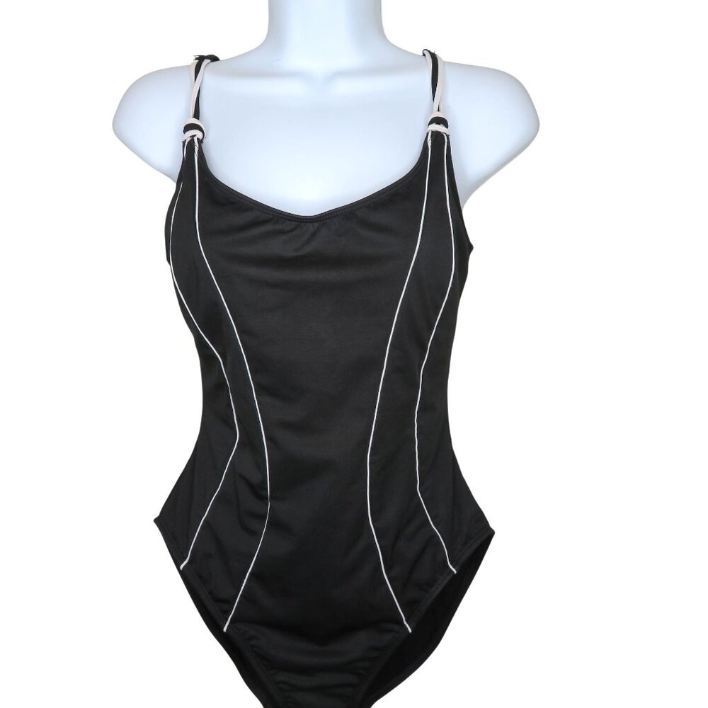 By The Beach Womens Black One-Piece Swimsuit White Trim Size 8 Vintage 80s